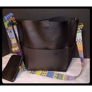 MERSI Bucket Bag Womens Large Black Geometric Strap Boho Alicia Vegan Leather